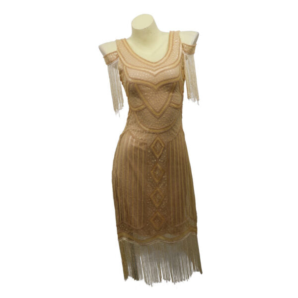 Beige Flapper Dress with Cutout Shoulder & Fringe