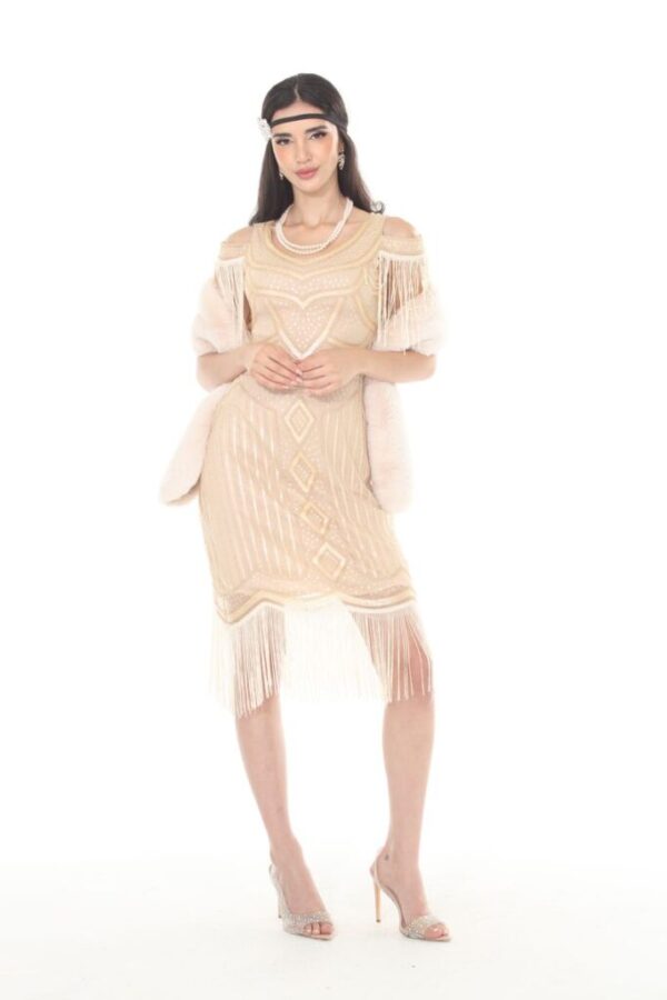 Beige Flapper Dress with Cutout Shoulder & Fringe