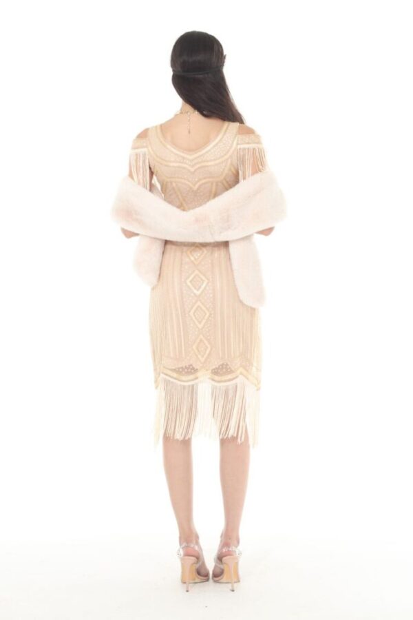 Beige Flapper Dress with Cutout Shoulder & Fringe