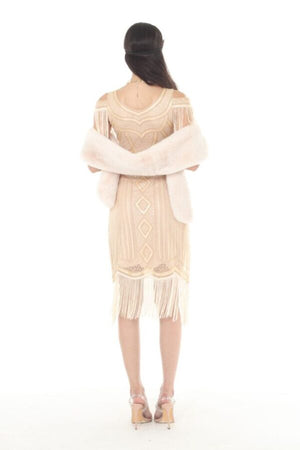 Beige Flapper Dress with Cutout Shoulder & Fringe