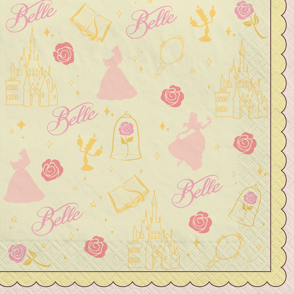 Napkin with Belle-themed design featuring castle, dress, and rose on a light green background.