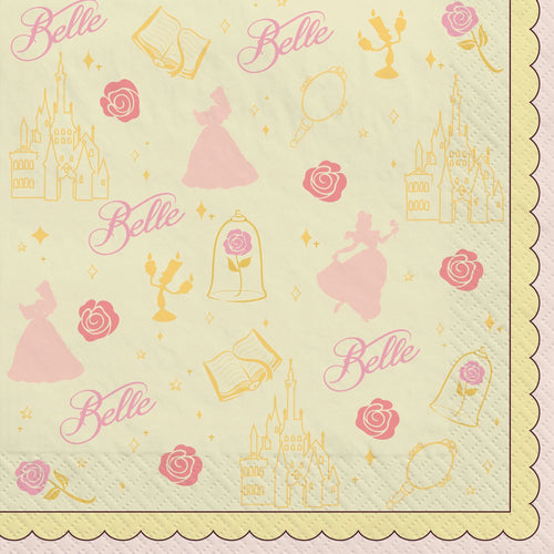 Napkin with Belle-themed design featuring castle, dress, and rose on a light green background.