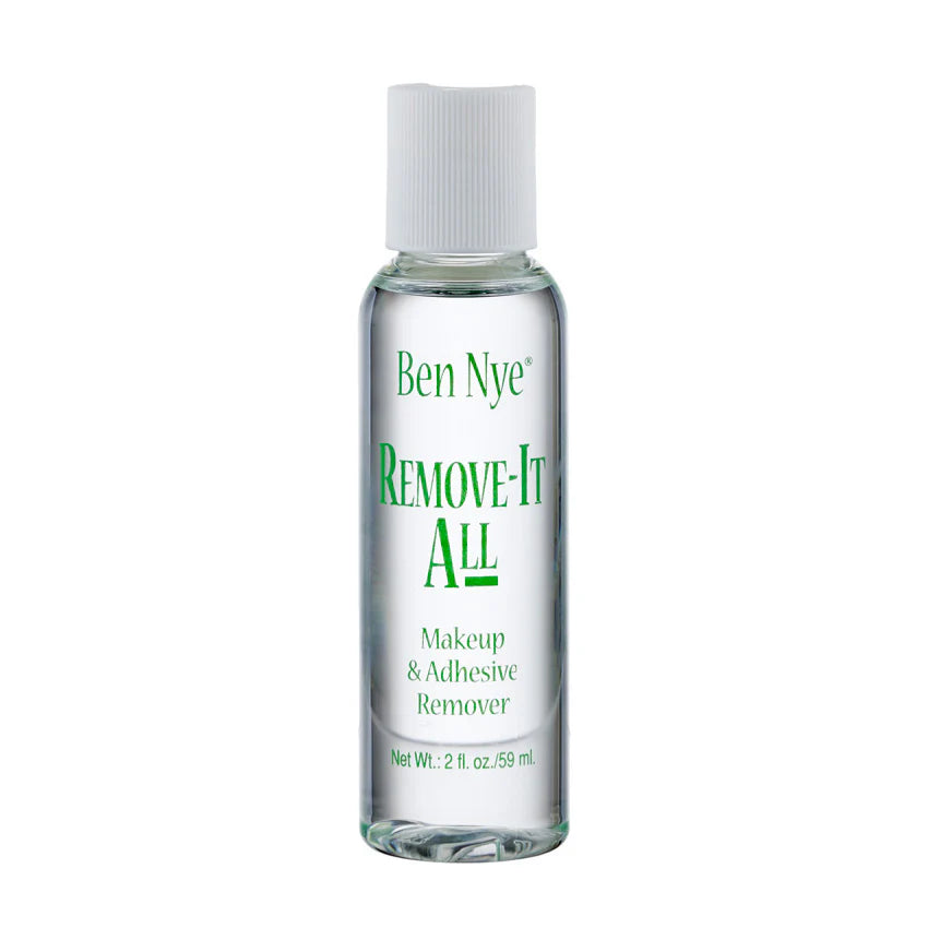 Bottle of Ben Nye Remove-It-All makeup and adhesive remover on a white background