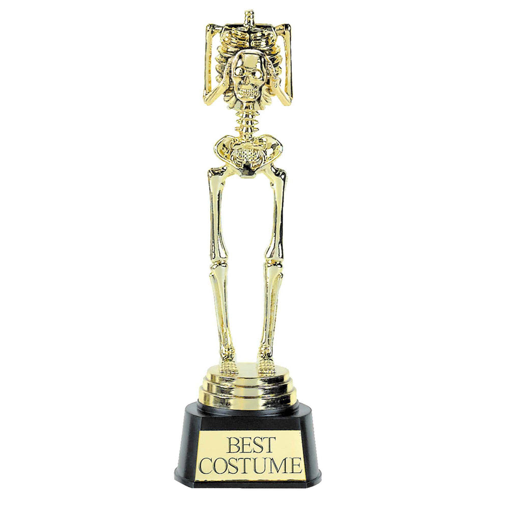 Gold skeleton trophy with 'Best Costume' text on a black base against a white background