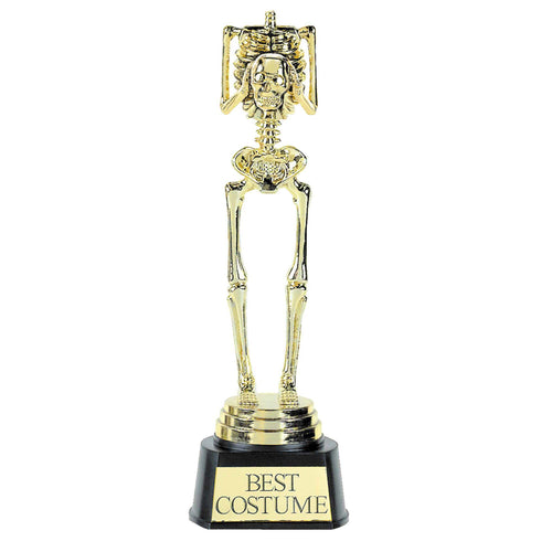 Gold skeleton trophy with 'Best Costume' text on a black base against a white background
