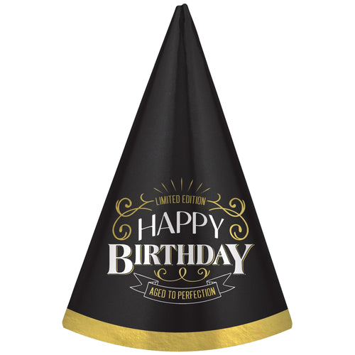 Black birthday party hat with gold and white text on a white background