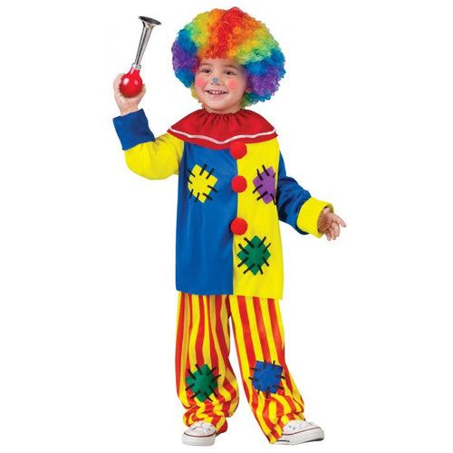Child wearing a colorful clown costume with a rainbow wig on a white background