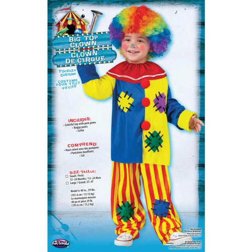 A child modeling a colorful clown costume on a printed retail card. The costume includes a rainbow wig, a blue and yellow jacket with red and multicolor patch details, and red-and-yellow striped pants.