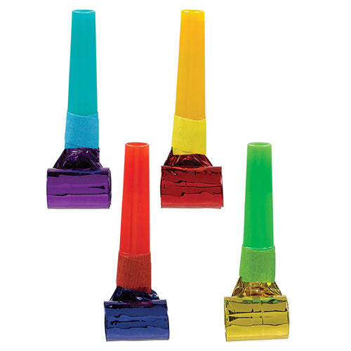 Set of colorful noisemakers with metallic bases on a white background