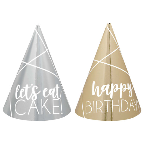 Two party hats with text 'let's eat CAKE!' and 'happy BIRTHDAY!' on a white background.