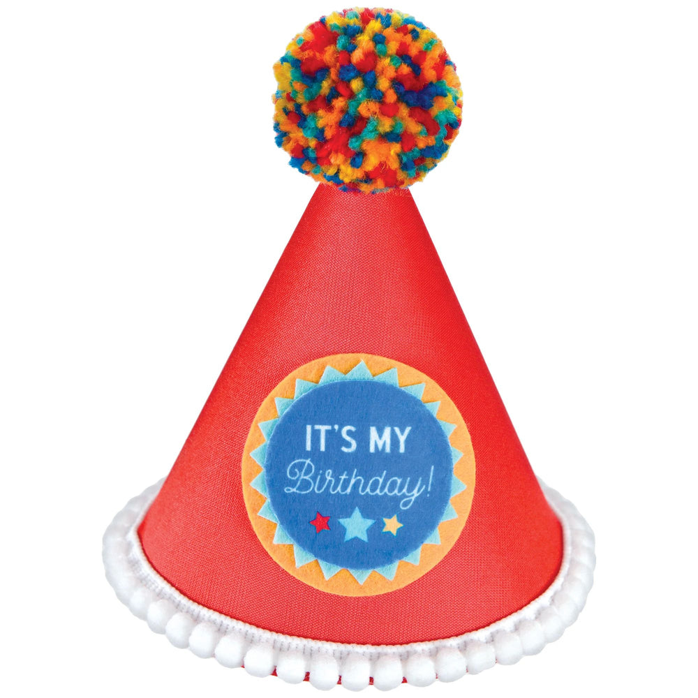 Red birthday party hat with colorful pom-pom and 'It's My Birthday!' text on a white background