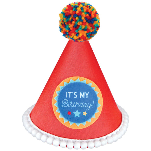 Red birthday party hat with colorful pom-pom and 'It's My Birthday!' text on a white background