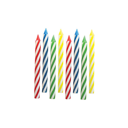 Set of colorful striped birthday candles on a white background