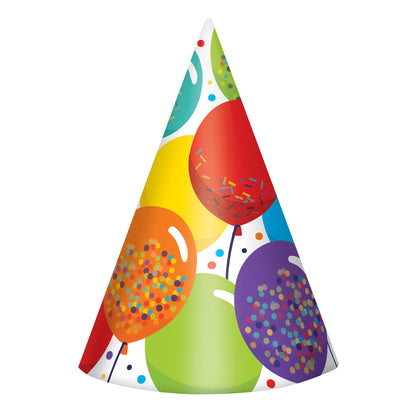 Colorful party hat with balloons and confetti on a white background