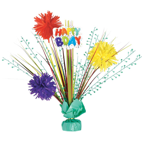 Colorful birthday decoration with flowers and 'Happy Birthday' text on a white background