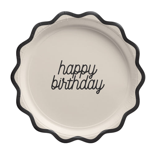 Round paper plate with 'happy birthday' text on a white background