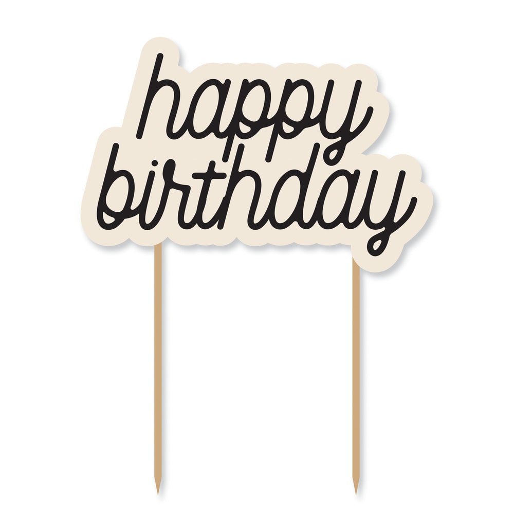 Happy Birthday cake topper with wooden sticks on a white background