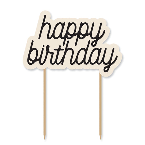 Happy Birthday cake topper with wooden sticks on a white background