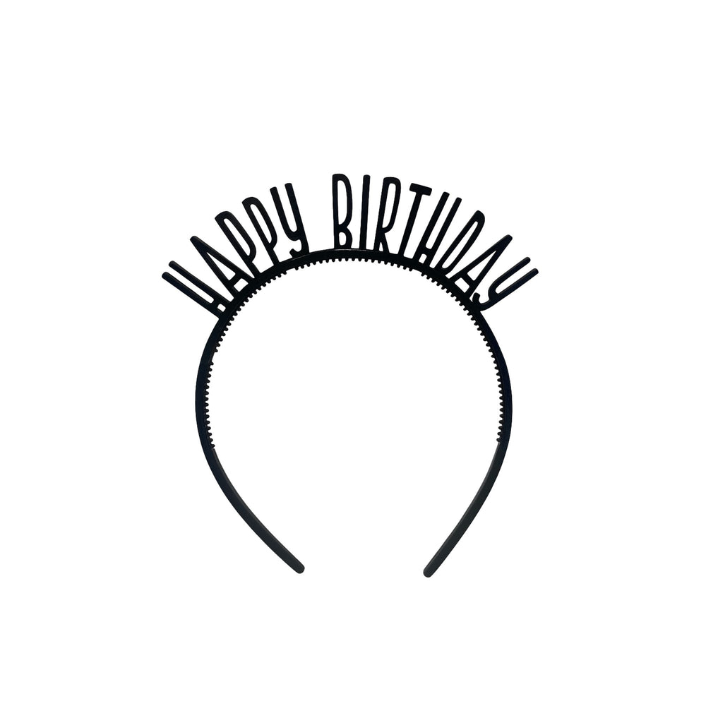 Black headband with 'Happy Birthday' text on a white background