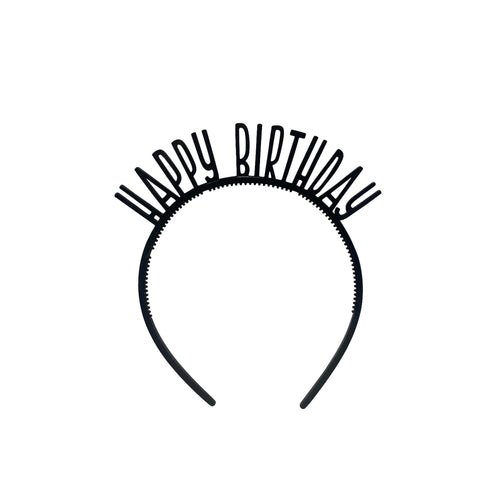 Black headband with 'Happy Birthday' text on a white background