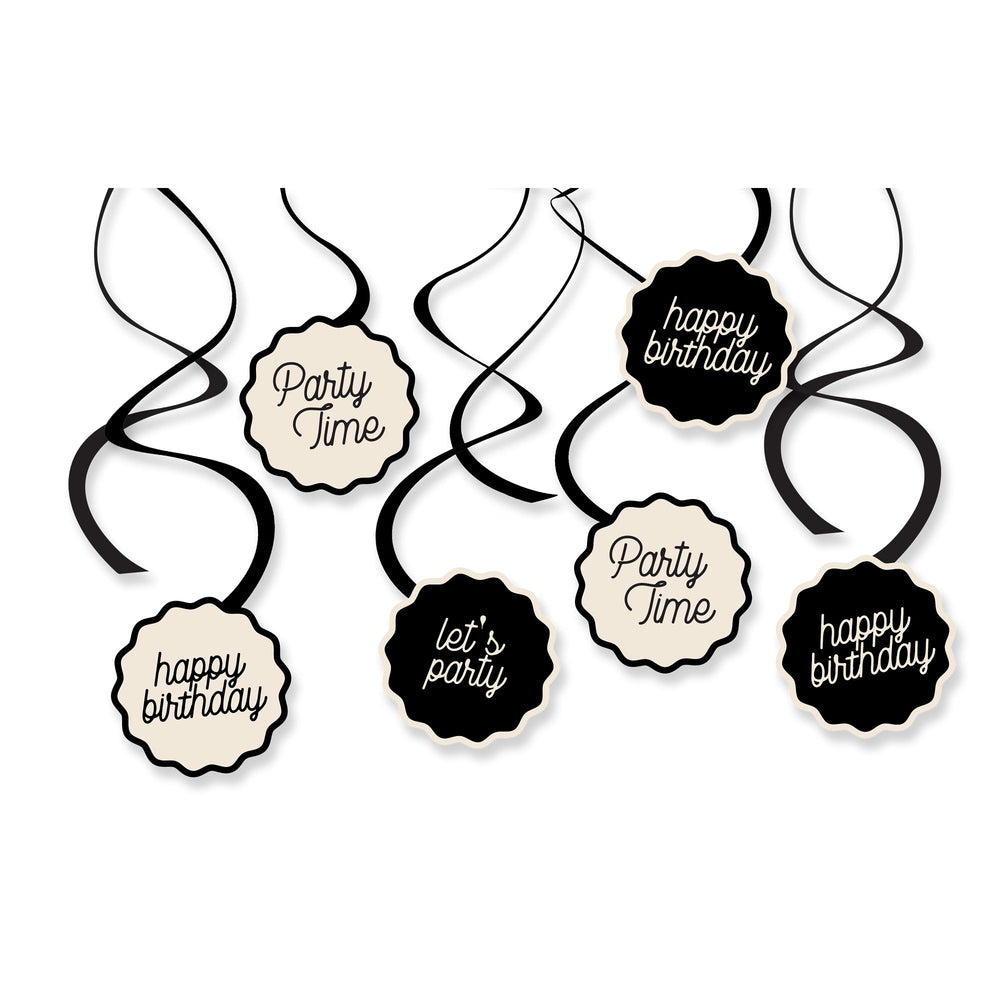Decorative hanging signs with 'Happy Birthday' and 'Party Time' text on a white background