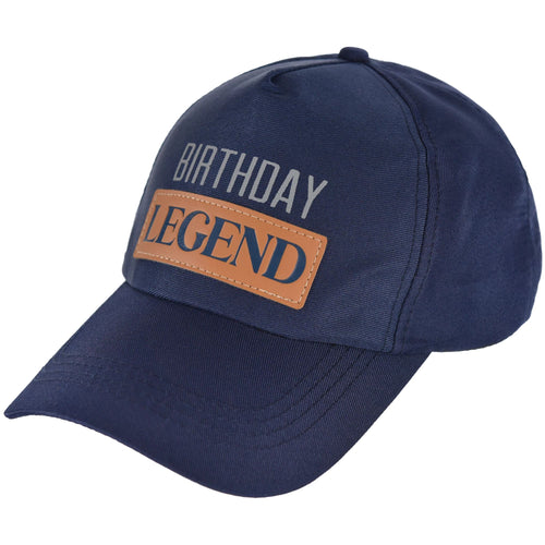 Navy blue cap with 'Birthday Legend' text on a white background