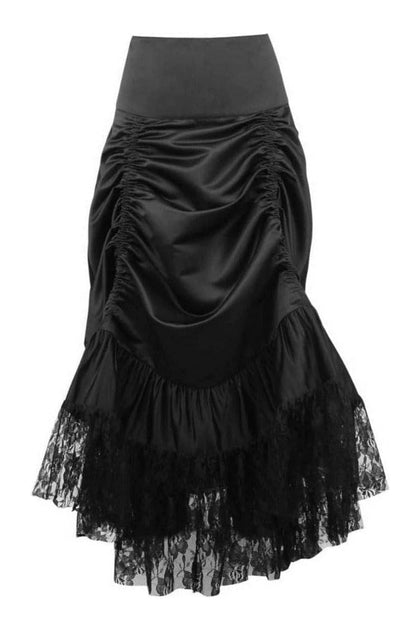 Black Satin & Lace Gothic Long Hi Low Bustle Skirt