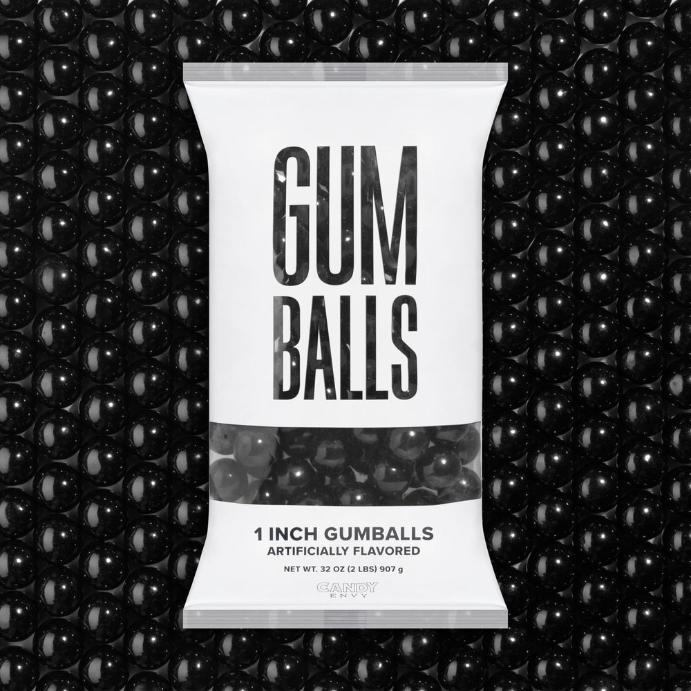 Bag of 1 inch gumballs with a black background
