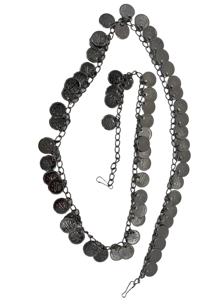 Black chain necklace with coin-like pendants on a white background