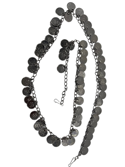 Black chain necklace with coin-like pendants on a white background
