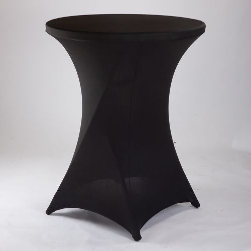 Black cocktail table with a fitted cover on a white background