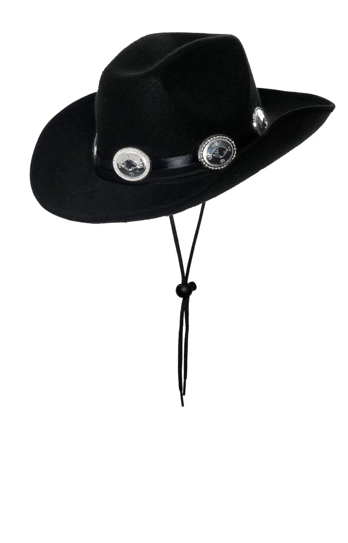 Black cowboy hat with silver embellishments on a white background