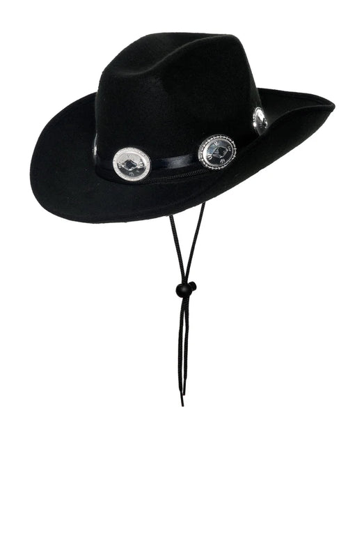 Black cowboy hat with silver embellishments on a white background