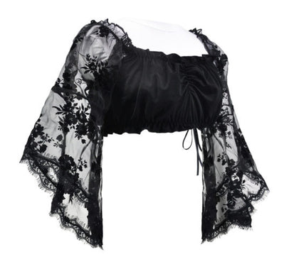 Black Cropped Ruffle Mesh Top with Bell Sleeves | Black