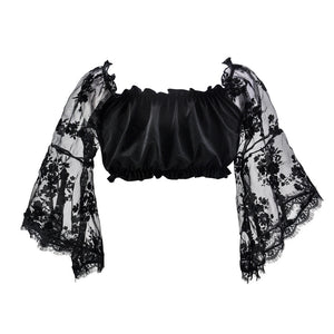 Black Cropped Ruffle Mesh Top with Bell Sleeves | Black