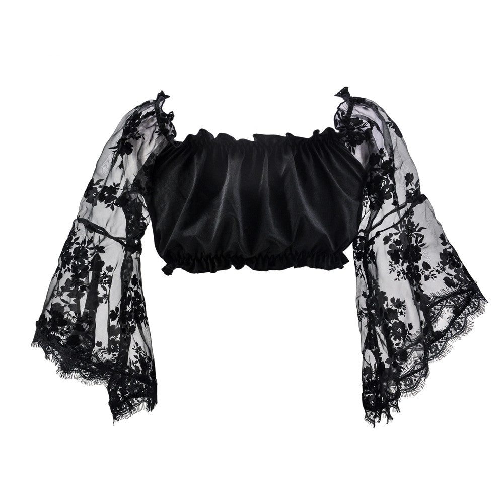 Black Cropped Ruffle Mesh Top with Bell Sleeves | Black