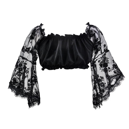 Black Cropped Ruffle Mesh Top with Bell Sleeves | Black