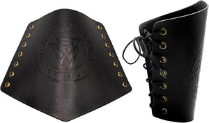Black leather arm guards with a logo on a white background