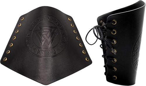 Black leather arm guards with a logo on a white background