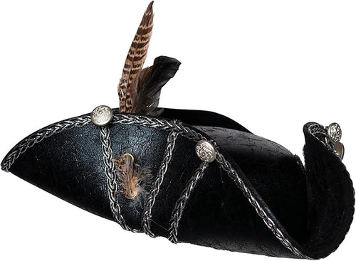 Decorative black hat with feathers and chains on a white background
