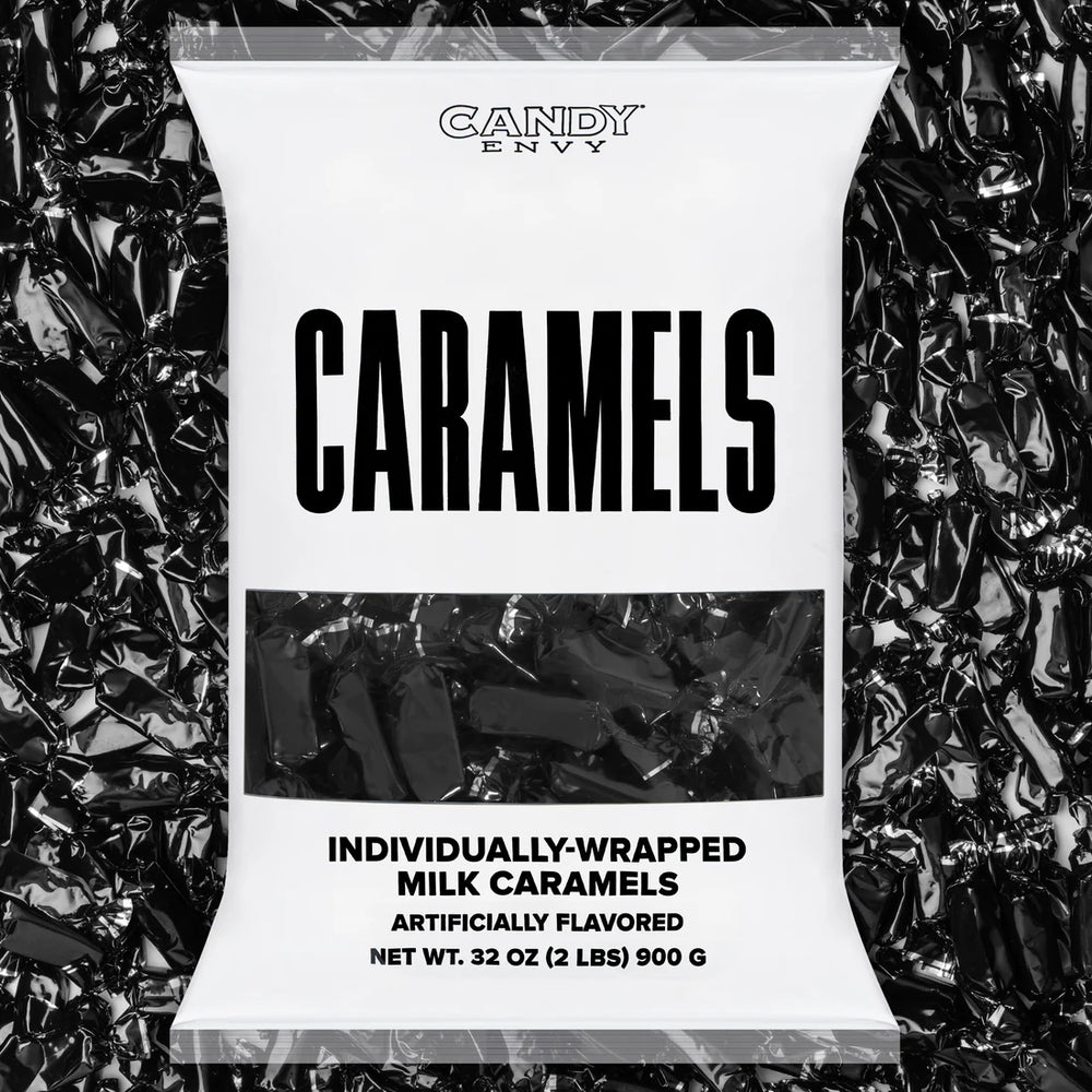 Packaging of Candy Envy Caramels on a black background