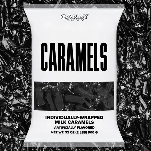 Packaging of Candy Envy Caramels on a black background