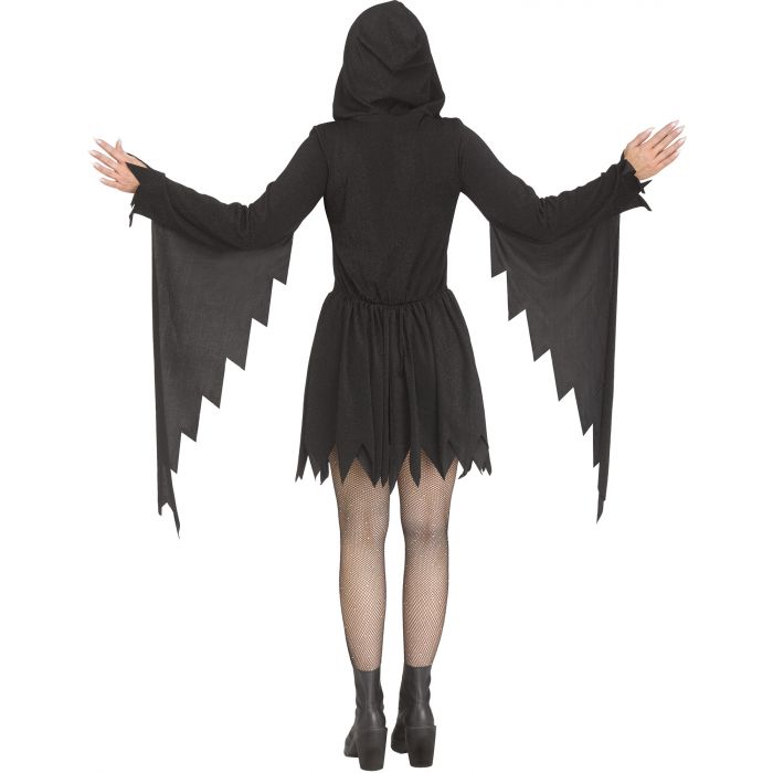 A person shown from the back wearing a black hooded costume dress with long jagged cape-like sleeves and a short skirt, paired with sheer black tights and black ankle boots, on a plain white background.