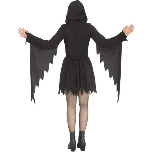 A person shown from the back wearing a black hooded costume dress with long jagged cape-like sleeves and a short skirt, paired with sheer black tights and black ankle boots, on a plain white background.