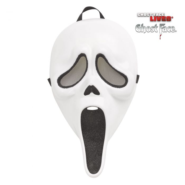 White Ghost Face Halloween mask with black eye, nose, and mouth details, featuring a black hanging loop at the top, shown on a white background with the Ghostface Lives Ghost Face logo in the upper right.