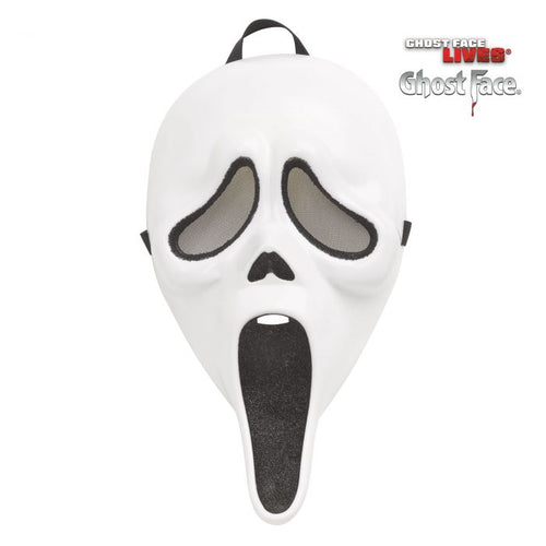 White Ghost Face Halloween mask with black eye, nose, and mouth details, featuring a black hanging loop at the top, shown on a white background with the Ghostface Lives Ghost Face logo in the upper right.