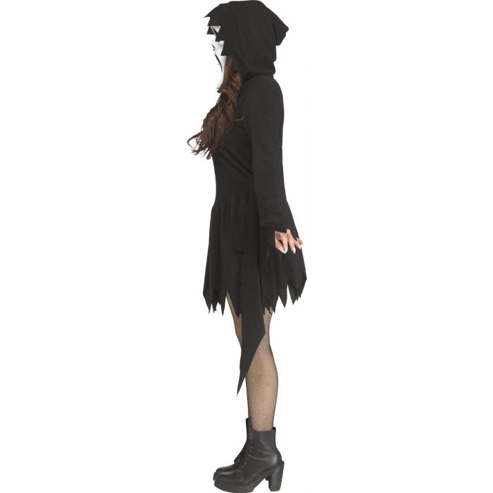 A model wearing a black hooded dress costume with jagged hem and sleeve details, paired with a white face mask and black ankle boots, shown in profile against a plain white background.