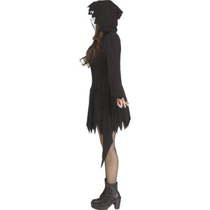 A model wearing a black hooded dress costume with jagged hem and sleeve details, paired with a white face mask and black ankle boots, shown in profile against a plain white background.