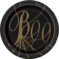 Black paper plate with gold 'Boo' text and spider web design