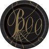 Black paper plate with gold 'Boo' text and spider web design